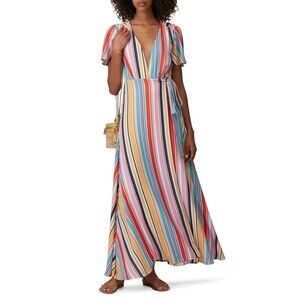 LOUNA Meghan Wrap Maxi Dress M Striped Multi-Color Print Colorful Belted  B22